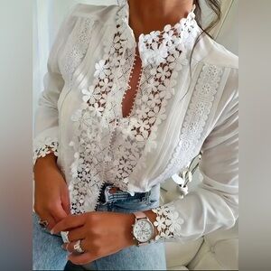 New Boho White Lace Blouse Womens MEDIUM